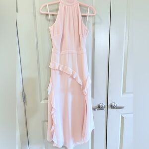 White House Black Market Ruffled Halter Midi Dress in Rose Smoke